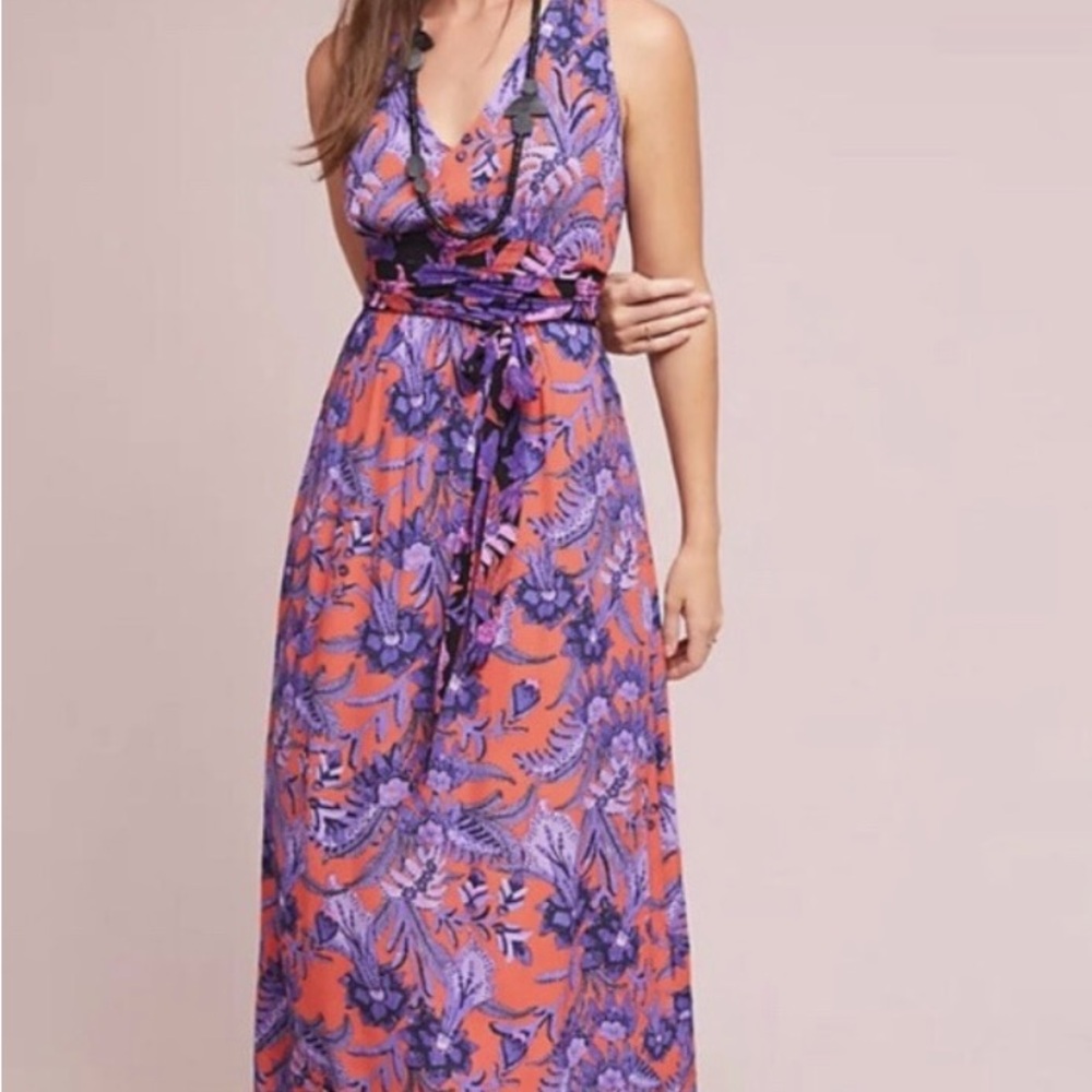 Anthropologie Purple and Orange Floral Maxi Dress